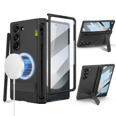 Imagem de liuziyi Capa para Samsung Galaxy Z Fold 6 com novo suporte de caneta integrado, protetor de tela embutido, para acessórios Magsafe de forma redonda, suporte de metal ajustável, magnético 2024, preto