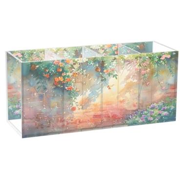 Imagem de SEHANY Porta-canetas de parede vintage de jardim para mesa, 4 compartimentos, porta-lápis de acrílico, organizador de pincéis de maquiagem, organizador de papelaria para escritório, casa