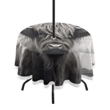 Imagem de ATTX Toalha de mesa redonda engraçada de vaca escocesa Highland ao ar livre – 152 cm, impermeável, à prova de derramamento, uso interno/externo, com orifício para guarda-chuva com zíper para