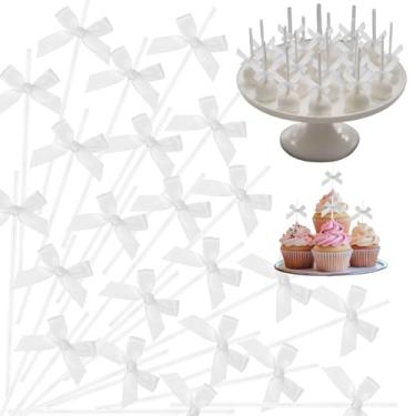 Imagem de Faccito 50 conjuntos de palitos brancos de 15 cm para bolo, pirulito, decorações de sobremesa DIY para pirulito, topos de cupcake, embrulho de doces, artesanato, laço rosa, artigos de festa de