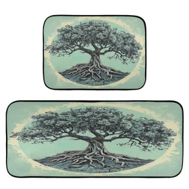 Imagem de Wassud Tapetes de cozinha com árvores elevadas para chão, decoração de casa, tapetes de cozinha acolchoados, antifadiga, tapetes de cozinha, antiderrapante, lavável, itens essenciais, conjunto de 2