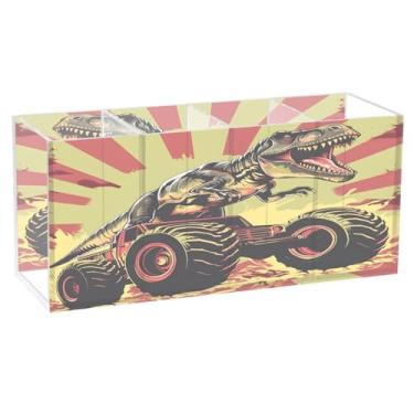 Imagem de CEBUGI Porta-lápis de acrílico transparente com 4 compartimentos, organizador de desenho animado de dinossauro e caminhão, suporte de pincel de maquiagem para escritório em casa