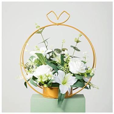 Imagem de LMJYU Flores artificiais para decoração flor artificial com vaso arranjos de flores de seda falsa em vaso de metal flor falsa para decoração de casa centro de mesa casamento flores artificiais