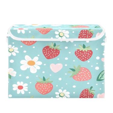 Imagem de CEBUGI Caixotes de armazenamento com tampas, caixa de armazenamento de tecido dobrável, caixas organizadoras de cubo de morango retrô para prateleiras de armário de casa e quarto, 40 x 30 x 30 cm