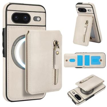 Imagem de Carteira removível compatível com carregamento sem fio Magsafe para Google Pixel 8 com suporte para cartão, bolso com zíper, suporte 2 em 1 capa à prova de choque (branca)