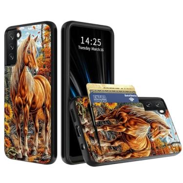 Imagem de BWEGRHE Capa carteira de cavalo de girassóis de outono para Samsung Galaxy S25 FE com suporte oculto para cartão, compartimento rígido híbrido de camada dupla para cartão de identificação, capa
