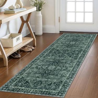 Imagem de KOZYFLY Corredores para corredores de 6 x 1,5 m lavável tapete de corredor de cozinha boho para entrada interior impresso oriental lã sintética tapete corredor para quarto cozinha hall, verde escuro