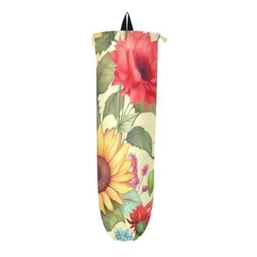 Imagem de Girassol em uma parede distribuidora de sacola de compras amarela, suporte de saco plástico para cozinha, protetor de saco para sacolas plásticas