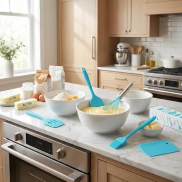 Imagem de Conjunto de 5 espátulas de silicone azul • Utensílios de cozinha resistentes ao calor para assar e cozinhar