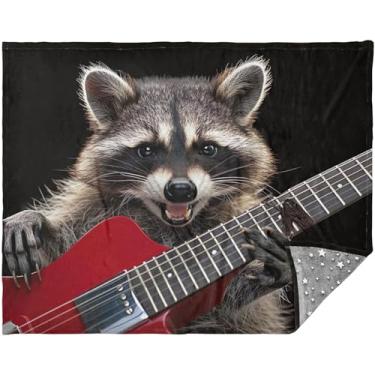 Imagem de TSENQUE Cobertores de rock de guitarra elétrica guaxinim cobertores de sofá adulto para mulheres e homens 177,8 cm x 139,7 cm cobertor de Natal chique