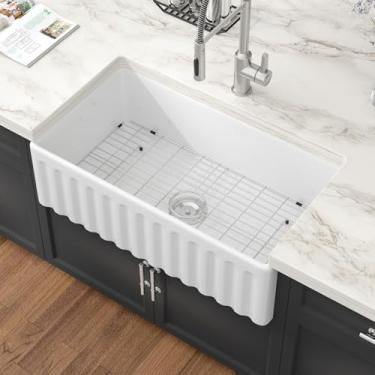 Imagem de Pia de fazenda branca de 76 cm x 45 cm avental reversível de porcelana de cerâmica 76 x 45,7 cm, pia frontal de casa de fazenda, branca, estilo country, tigela grande, profunda, pias de fazenda