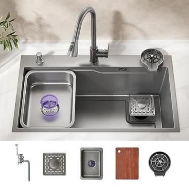 Imagem de Pia de cozinha, pia de cachoeira preta de aço inoxidável 304, pia multifuncional com torneira removível, tábua de corte, enxaguador de vidro (75 cm/29,5 pol, pacote C)