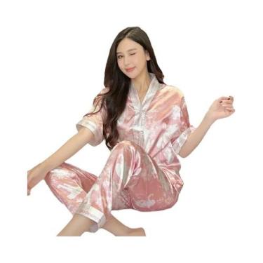 Imagem de Conjunto De Pijama Feminino De Verão Em Seda Gelada, Manga Curta, Caim
