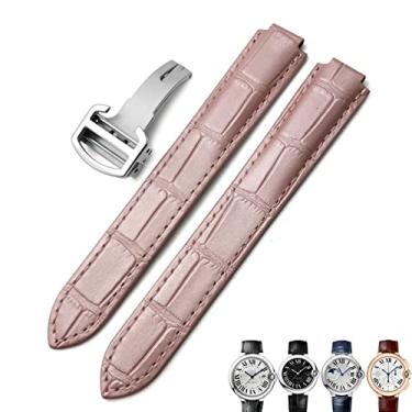 Imagem de KGFCE Pulseira de relógio de couro genuíno de 16 mm, 18 mm, 20 mm, preta, azul, marrom, fivela de implantação para Cartier Tank Solo Blue Ballon (rosa, 14 mm)