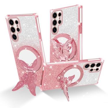 Imagem de Easyscen Capa para celular Samsung Galaxy S24 Ultra (6,8 polegadas), com suporte de borboleta e 4 cantos de airbag protetora, capa protetora de luxo à prova de choque para mulheres e meninas - ouro