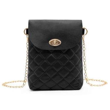 Imagem de YAMEIZE Bolsa tiracolo acolchoada para celular feminina pequena de couro PU com alça metálica, Preto
