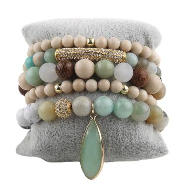Imagem de ZOSOJONA Pulseiras femininas Boho com contas, 5 peças, contas de ágata turquesa, conjunto de pulseiras elásticas com pedra natural e cristal, pulseiras empilháveis da amizade, joias presentes para