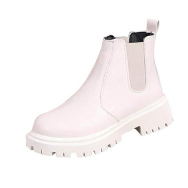 Imagem de Botas curtas femininas de sola grossa de salto baixo, casual, versátil para outono e inverno, conforto atraente, Branco, 38