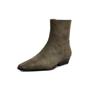 Imagem de TinaCus Bota feminina de camurça feita à mão com zíper lateral bico quadrado salto baixo empilhado moderno cano curto, Verde cáqui, 38