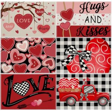 Imagem de Fjoron 6 peças de tapetes de casa dos namorados, abraços e beijos de dia dos namorados, jogo americano lavável para cozinha, decoração de festa dos namorados, acessórios de mesa de jantar em casa