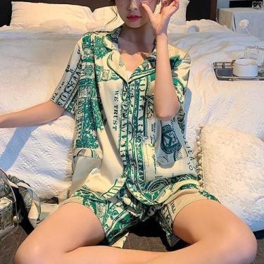 Imagem de Conjunto De Pijama Feminino De Seda Verde Com Manga Curta, Sexy E Resp