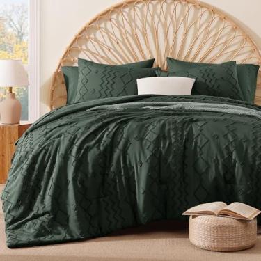 Imagem de AMBERSPACE Conjunto de edredom casal, verde escuro, tufado, boêmio, casa de fazenda, 7 peças, cama em um saco com lençóis, fronhas e fronhas