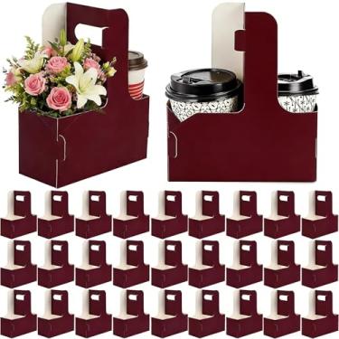 Imagem de Pacote com 50, 2 xícaras, porta-bebidas com alça para 2 ou 4 xícaras de papelão kraft, porta-copos para entrega de café, bebidas, caixa de embalagem floral, aniversário, dia das mães, formatura, festa