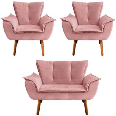 Imagem de Conjunto 2 Poltronas E 1 Namoradeira Pés Palito Charger Suede Rosê G19 - Gran Belo