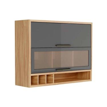 Imagem de Armário de Cozinha Modulado Syrah c/ 2 Portas Basculante (1 c/ Vidro Reflecta) e Nicho Garrefeiro 120cm Amendoa/Chumbo - Ronipa