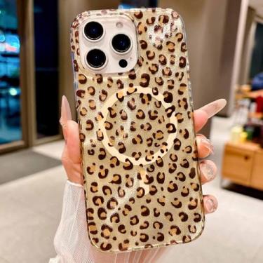 Imagem de HYUEKOKO Capa magnética para iPhone 16e, linda estampa de leopardo âmbar, design retrô estético, TPU fino à prova de choque e capa protetora de policarbonato rígido para meninas e mulheres - leopardo