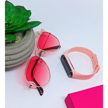 Imagem de Kit Relógio Led Infantil Band Bracelete Silicone Menina + Óculos de Sol Aviador Lacinho Flexível aço Proteção Uv400