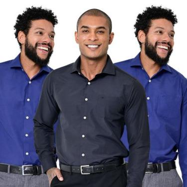 Imagem de Kit 3 Camisas Social Masculina Lisa Manga Longa Camisaria Colombo, Mar