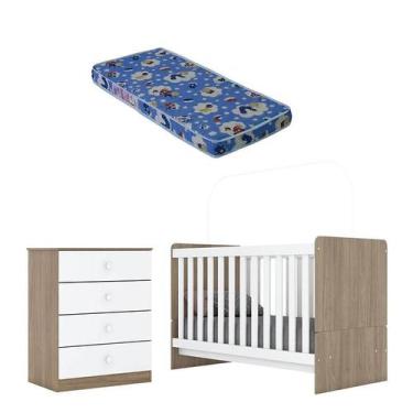 Imagem de Berço Nacional e Cômoda Infantil Labirinto Rústico Branco Brilho com C