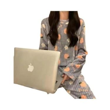 Imagem de Conjunto De Pijamas Femininos Quentes De Flanela Com Manga Longa Em Ve