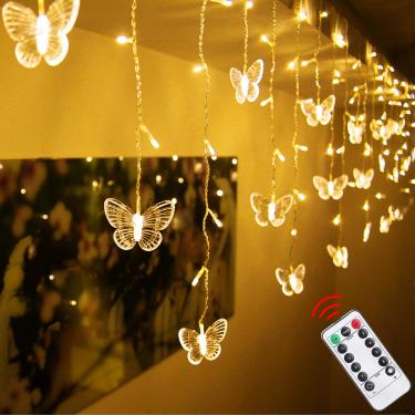 Imagem de Decorman Luzes de Cortina de LED 48 LEDs alimentadas por USB 8 Modos À Prova D'água Luzes de Cordas de Janela Cintilante com 10 Borboletas com Controle Remoto para Decoração de Festa de Natal (1,5 m x 0,5 m, Branco Quente)
