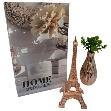 Imagem de Livro decorativo, vaso de cerâmica e torre Eiffel rose gold