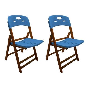 Imagem de Kit Com 2 Cadeiras Dobraveis De Madeira Elegance Mel Polipropileno Azu
