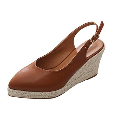 Imagem de Sandálias plataforma femininas anabela meio embaladas sandálias anabela verão alpargatas salto alto tecido palha (café, 38)