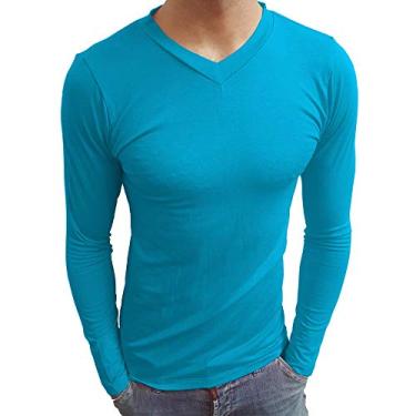 Imagem de Camiseta Masculina Gola V Rasa Manga Longa cor:azul-turquesa;tamanho:gg