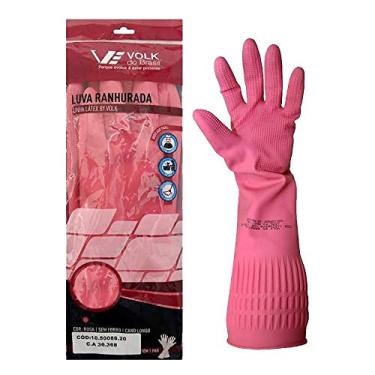 Imagem de Luva Látex Ranhurada Longa Volk Rosa Cozinha Limpeza Tam. M