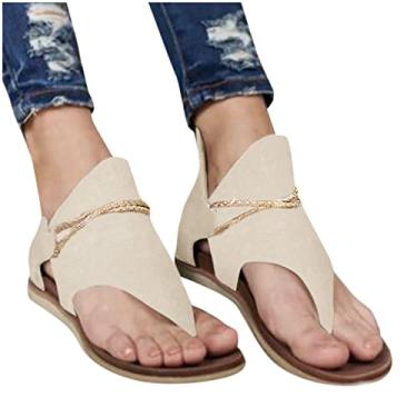 Imagem de Sandálias rasteiras para mulheres elegantes verão sólido clipe sapatos zíper senhora casual praia confortável slip on (bege, 6)