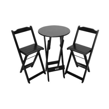 Imagem de Mesa Bistrô Dobrável De Madeira Redonda Com 2 Banquetas Preta - Cor: Preto