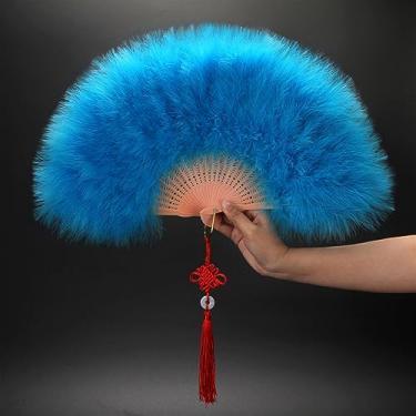 Imagem de Leque dobrável elegante ventilador dobrável de veludo completo leque de penas brancas coloridas nó chinês ventilador de mão fada menina dança decoração de festa de casamento acessórios decorativos feitos à mão (cor: 12)