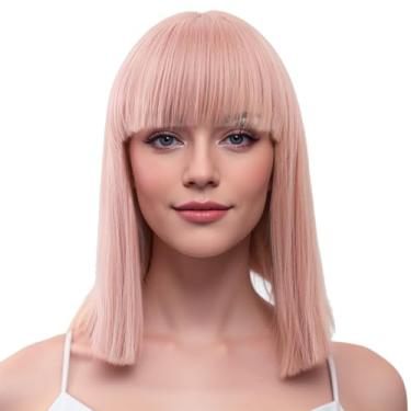 Imagem de IMISSU Peruca cosplay de cabelo curto corte natural com franja reta fantasia de festa de Halloween perucas para mulheres (Rosa)