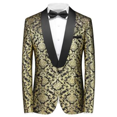 Imagem de Rogers & Morris Casaco masculino xale smoking blazer floral estampa barroca casaco social, Dourado, 3X-Large