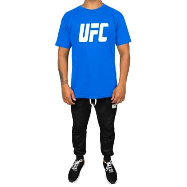 Imagem de Kit Conjunto Masculino Camiseta Algodão e Calça Moletom Casual Estampado UFC (Azul Claro, P)