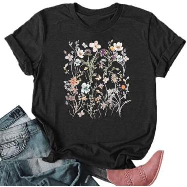 Imagem de Camiseta feminina com estampa de dente-de-leão com estampa de flores silvestres Make a Wish Vintage Top Engraçadas de Verão Camisetas de Manga Curta, Preto, GG