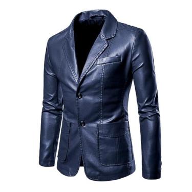 Imagem de Blazer masculino de couro versátil slim fit jaqueta de terno manga comprida gola lapela casaco casual, Azul-escuro, 3G