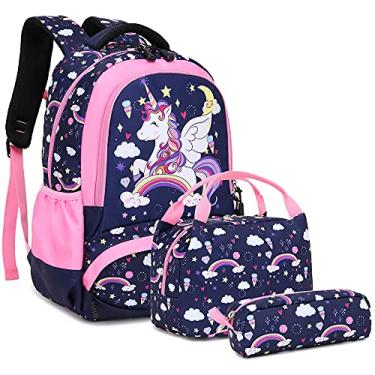 Imagem de Meisohua Mochila infantil com lancheira 3 em 1 para meninas, pré-escola, jardim de infância, escola primária, Azul marinho, One Size, Mochila, casual, viagem
