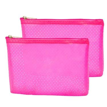 Imagem de Kit 2 Necessaire Rosa Translúcida 20,5x14,5cm Zíper Viajar